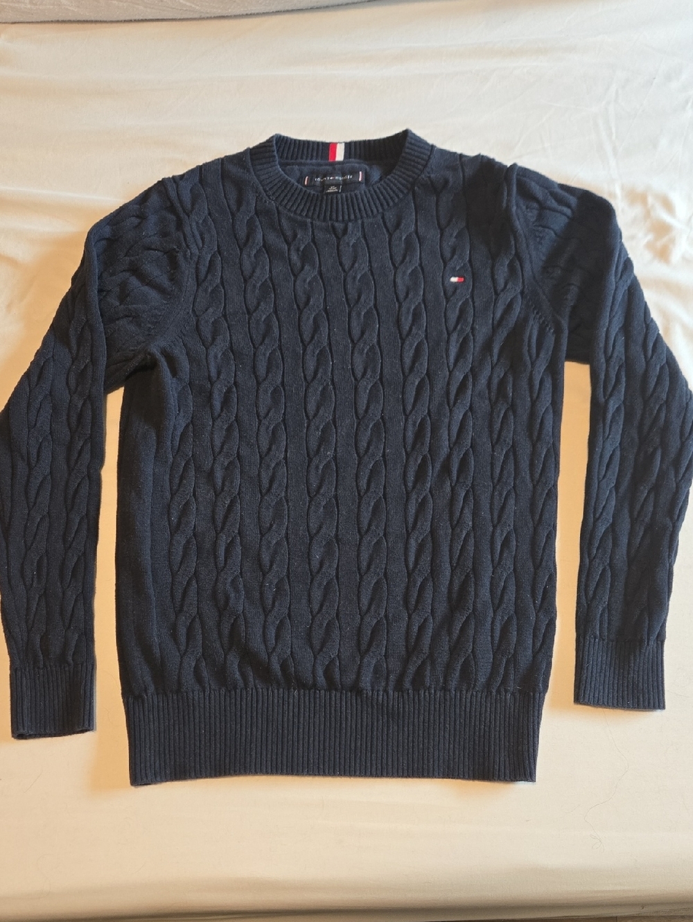 Tommy Hilfiger Navy Cable Knit Crew Sweater with Logo Trim